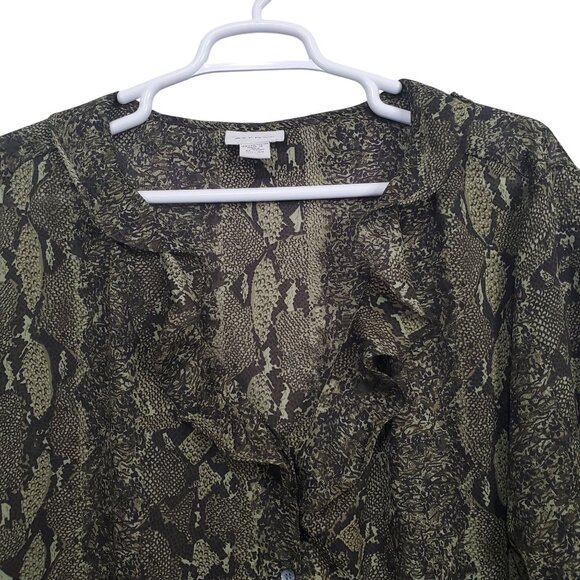Avenue 30 32 Blouse Semi Sheer Chiffon Snake Print Button Ruffle Collar Sleeves - Picture 4 of 10